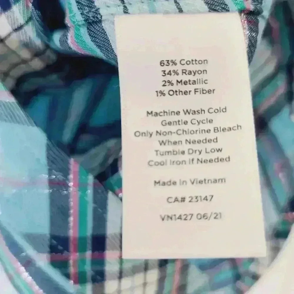 Talbots Petite NWT Teal Plaid Metallic Lightweight Button-Up Shirt Size Medium - Picture 7 of 7